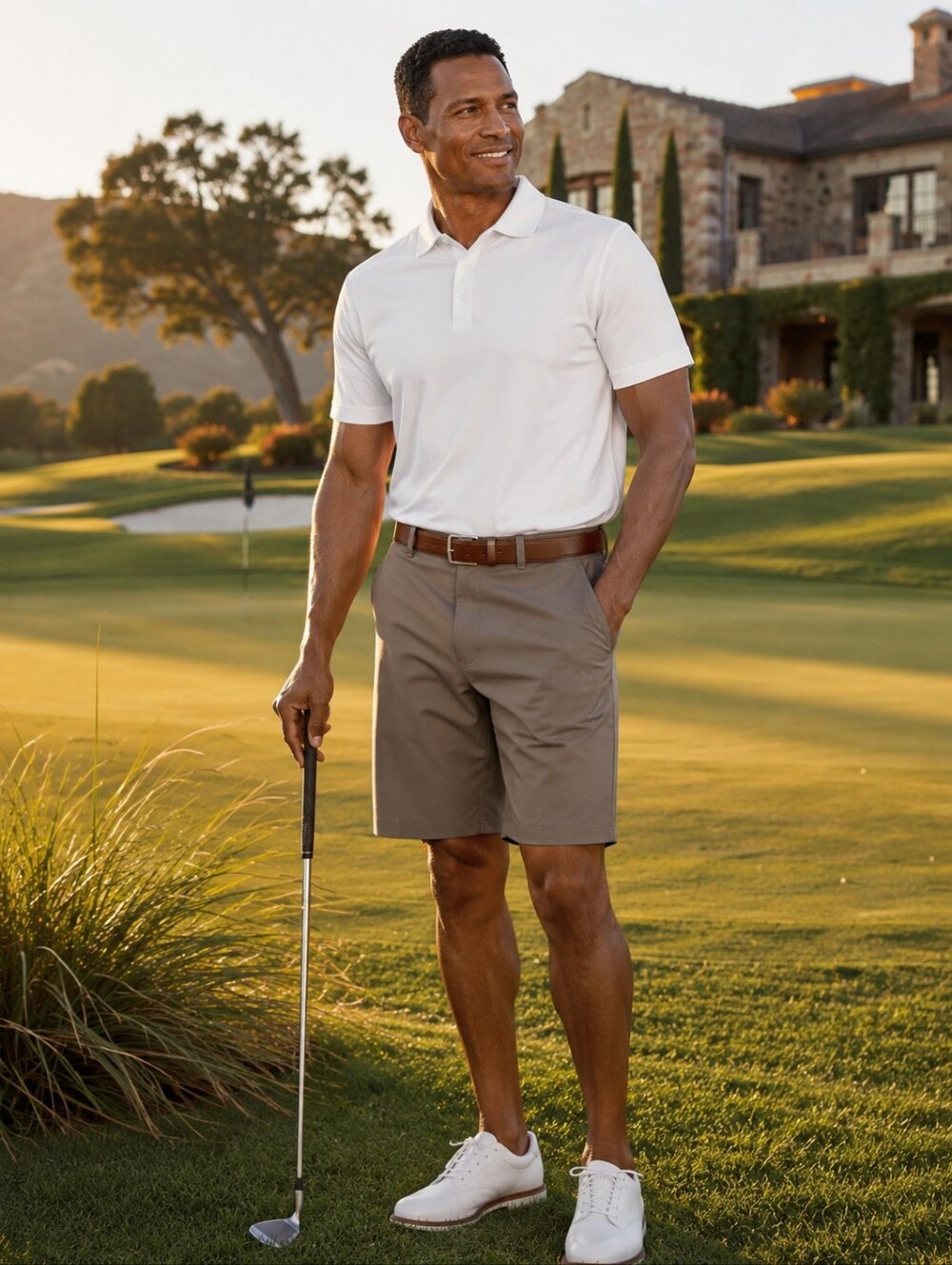 Chaps Golf Stay Dry SPF 50 Performance Flat Front Shorts 32 Khaki